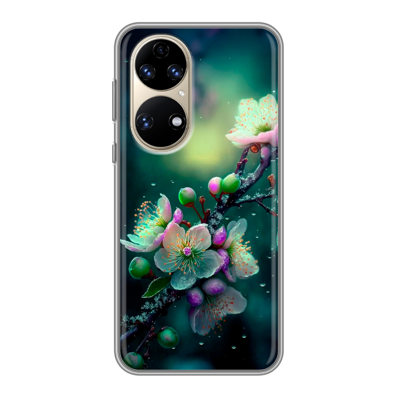 Силиконовый противоударный чехол на Huawei P50 Pro с принтом Цветы и мрамор Силиконовый противоударный чехол на Huawei P50 Pro с принтом Цветы и мрамор