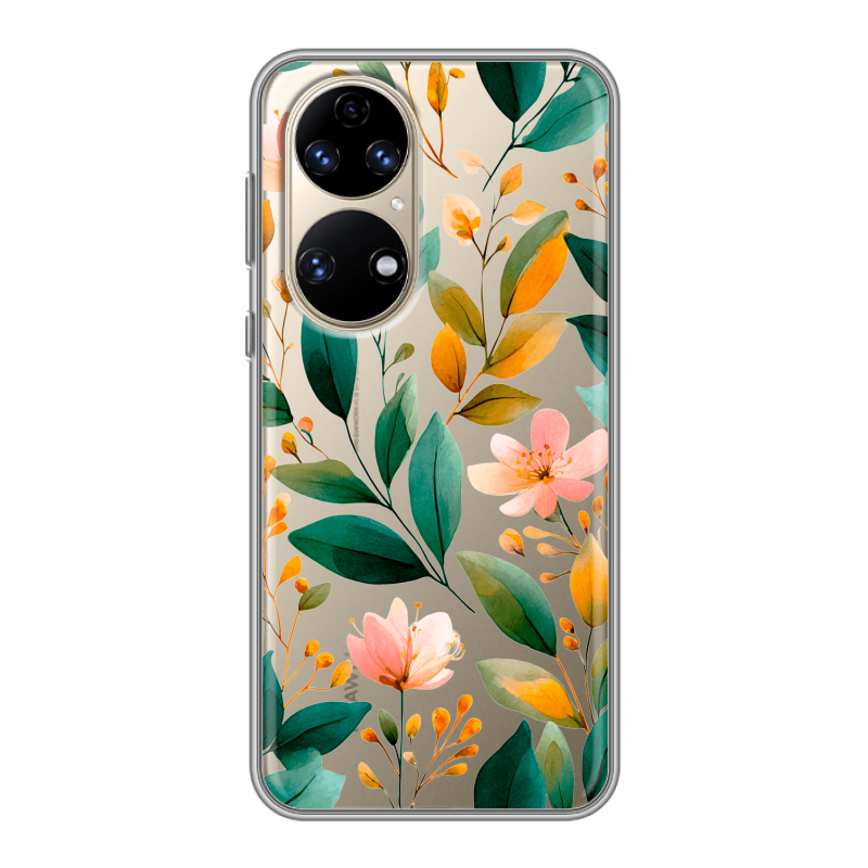 Силиконовый противоударный чехол на Huawei P50 Pro с принтом Цветы паттерн Силиконовый противоударный чехол на Huawei P50 Pro с принтом Цветы паттерн