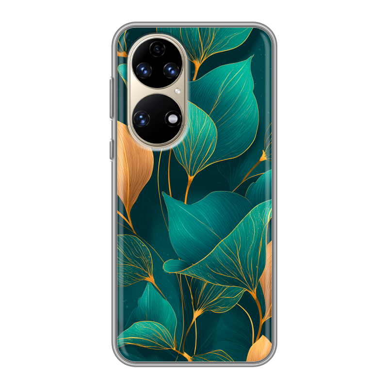Силиконовый чехол на Huawei P50 Pro с принтом Листья и золото Силиконовый чехол на Huawei P50 Pro с принтом Листья и золото