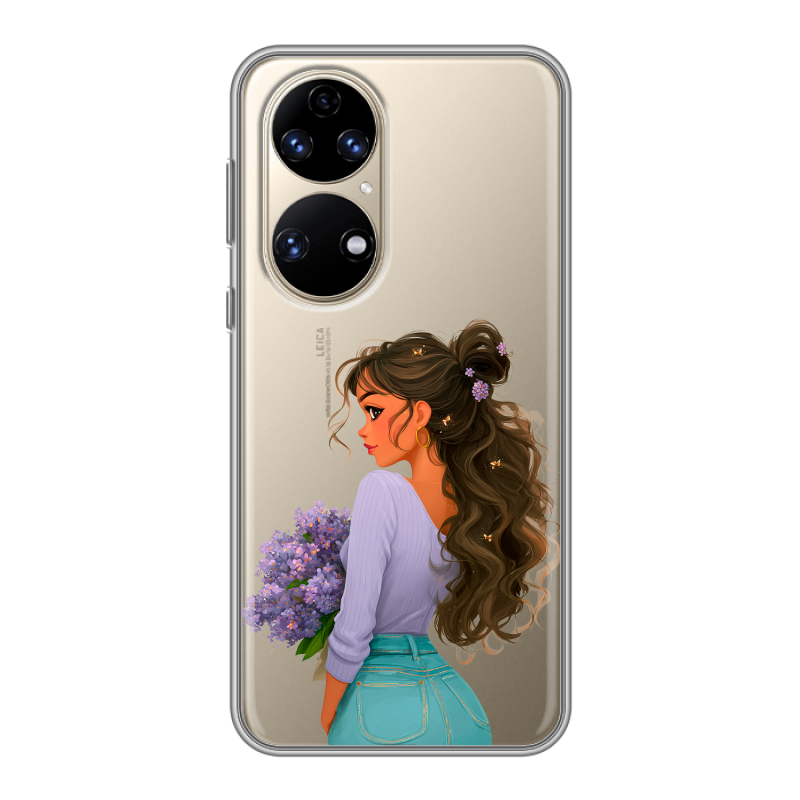 Силиконовый противоударный чехол на Huawei P50 Pro с принтом девушка цветы Силиконовый противоударный чехол на Huawei P50 Pro с принтом девушка цветы