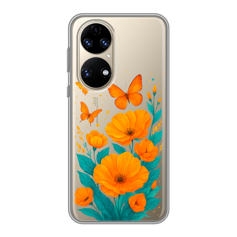Силиконовый противоударный чехол на Huawei P50 Pro с принтом цветы бабочки Силиконовый противоударный чехол на Huawei P50 Pro с принтом цветы бабочки