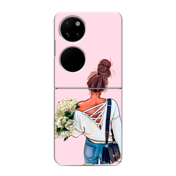 Пластиковый чехол на Huawei P50 Pocket с принтом Девушка и букет Пластиковый чехол на Huawei P50 Pocket с принтом Девушка и букет