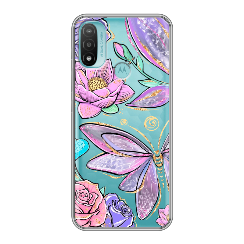 Силиконовый чехол на Motorola Moto E20 с принтом Бабочки и цветы Силиконовый чехол на Motorola Moto E20 с принтом Бабочки и цветы