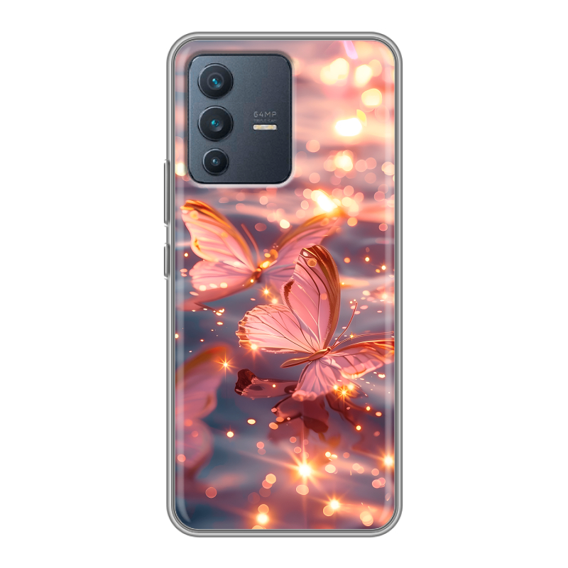 Силиконовый чехол на Vivo V23 с принтом бабочки розовые Силиконовый чехол на Vivo V23 с принтом бабочки розовые