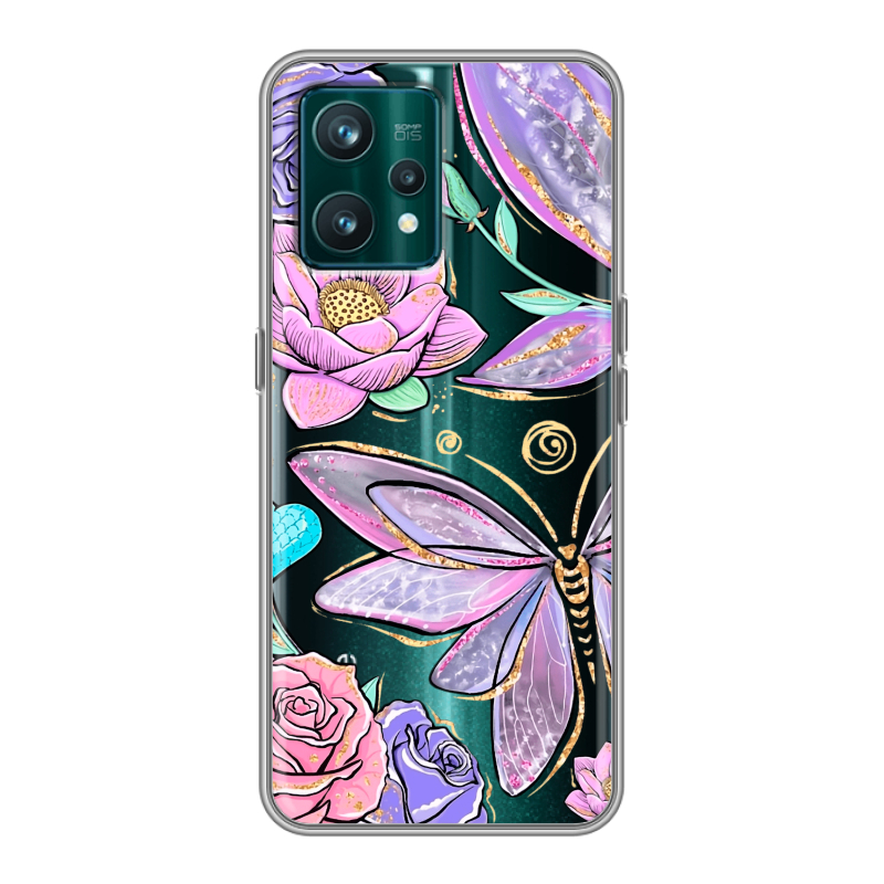 Силиконовый чехол на Realme 9 Pro Plus с принтом Бабочки и цветы Силиконовый чехол на Realme 9 Pro Plus с принтом Бабочки и цветы