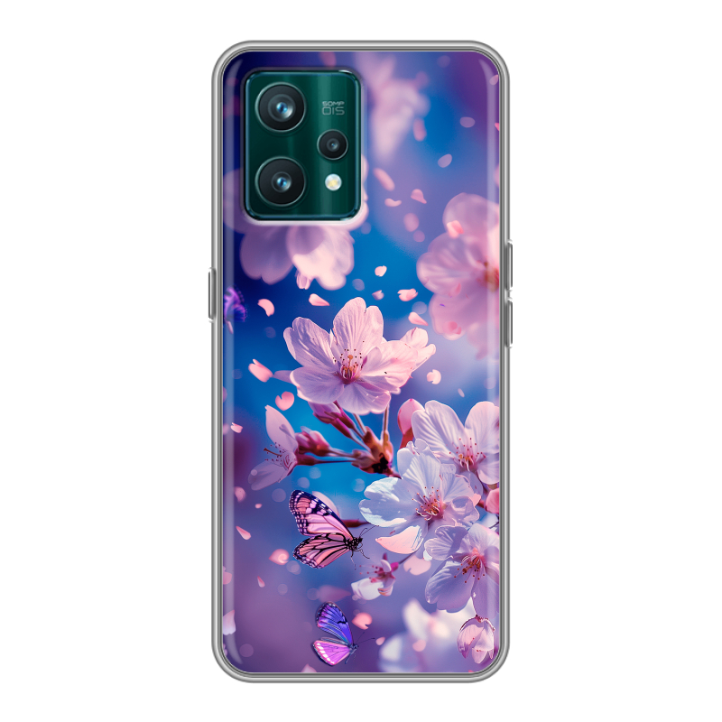 Силиконовый противоударный чехол на Realme 9 Pro Plus с принтом цветы бабочки Силиконовый противоударный чехол на Realme 9 Pro Plus с принтом цветы бабочки