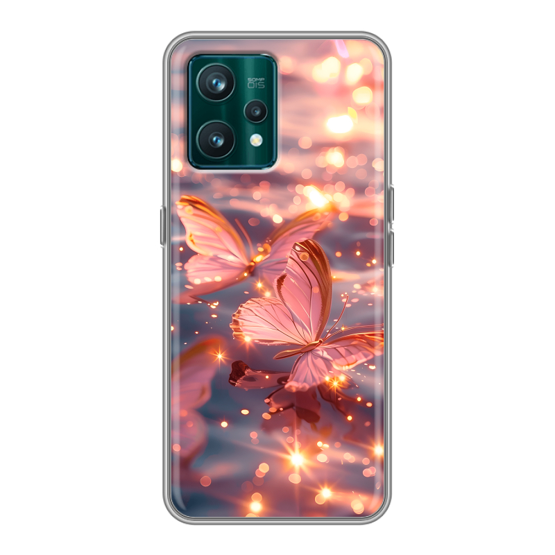 Силиконовый чехол на Realme 9 Pro Plus с принтом бабочки розовые Силиконовый чехол на Realme 9 Pro Plus с принтом бабочки розовые