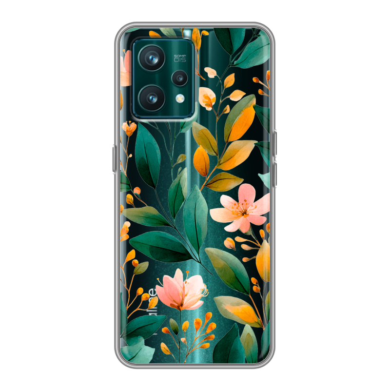 Силиконовый противоударный чехол на Realme 9 Pro Plus с принтом Цветы паттерн Силиконовый противоударный чехол на Realme 9 Pro Plus с принтом Цветы паттерн
