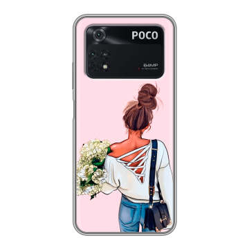 Силиконовый чехол на Xiaomi Poco M4 Pro 4G с принтом Девушка и букет