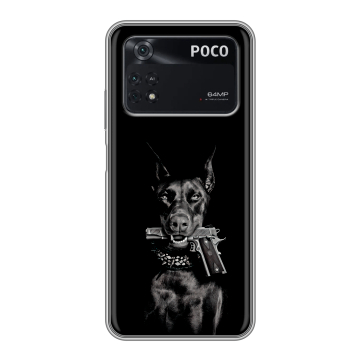 Силиконовый чехол на Xiaomi Poco M4 Pro 4G с принтом Доберман и пистолет