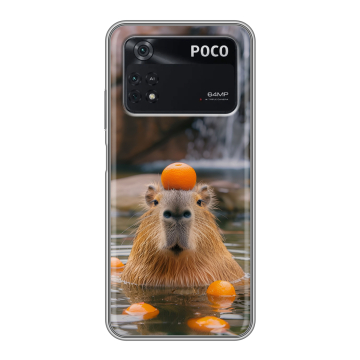 Силиконовый чехол на Xiaomi Poco M4 Pro 4G с принтом Капибара с апельсином Силиконовый чехол на Xiaomi Poco M4 Pro 4G с принтом Капибара с апельсином