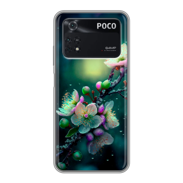 Силиконовый чехол на Xiaomi Poco M4 Pro 4G с принтом Цветы и мрамор