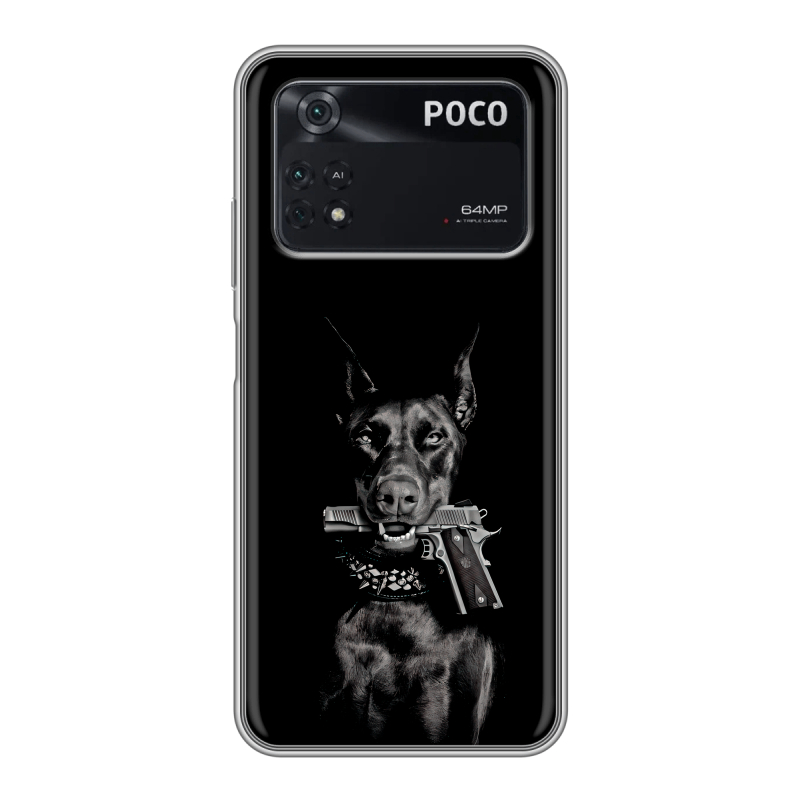 Силиконовый противоударный чехол на Xiaomi Poco M4 Pro 4G с принтом Доберман и пистолет Силиконовый противоударный чехол на Xiaomi Poco M4 Pro 4G с принтом Доберман и пистолет