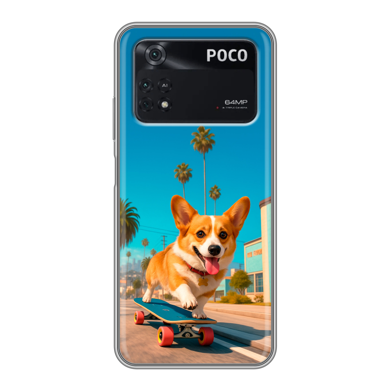 Силиконовый чехол на Xiaomi Poco M4 Pro 4G с принтом Корги на скейте Силиконовый чехол на Xiaomi Poco M4 Pro 4G с принтом Корги на скейте