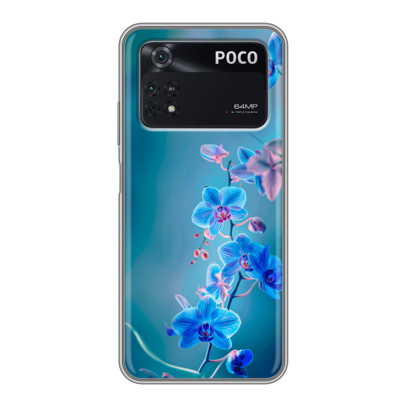 Силиконовый противоударный чехол на Xiaomi Poco M4 Pro 4G с принтом Голубые цветы Силиконовый противоударный чехол на Xiaomi Poco M4 Pro 4G с принтом Голубые цветы