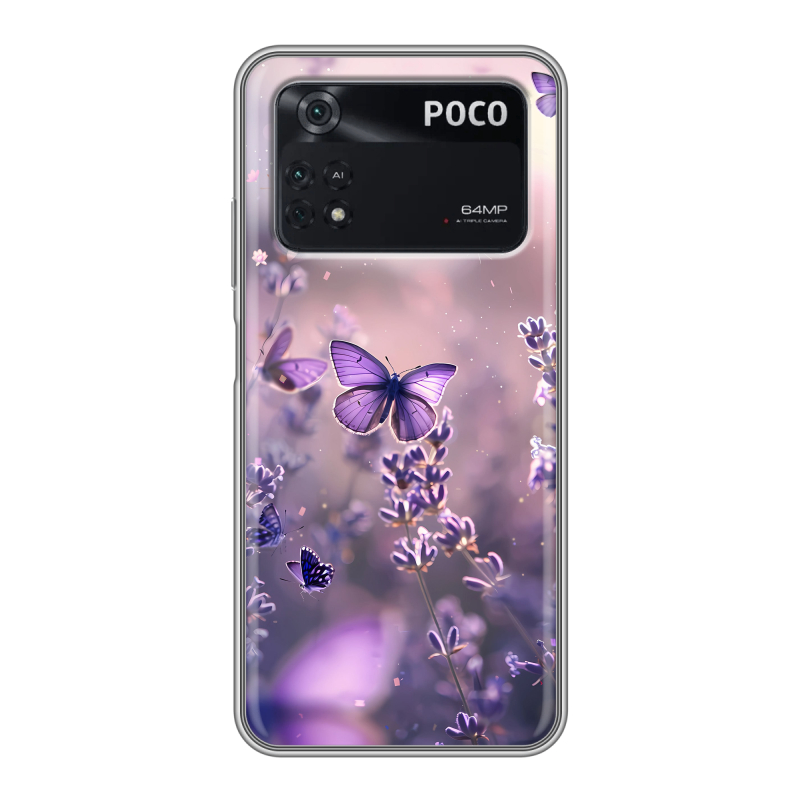 Силиконовый чехол на Xiaomi Poco M4 Pro 4G с принтом бабочки и лаванда Силиконовый чехол на Xiaomi Poco M4 Pro 4G с принтом бабочки и лаванда