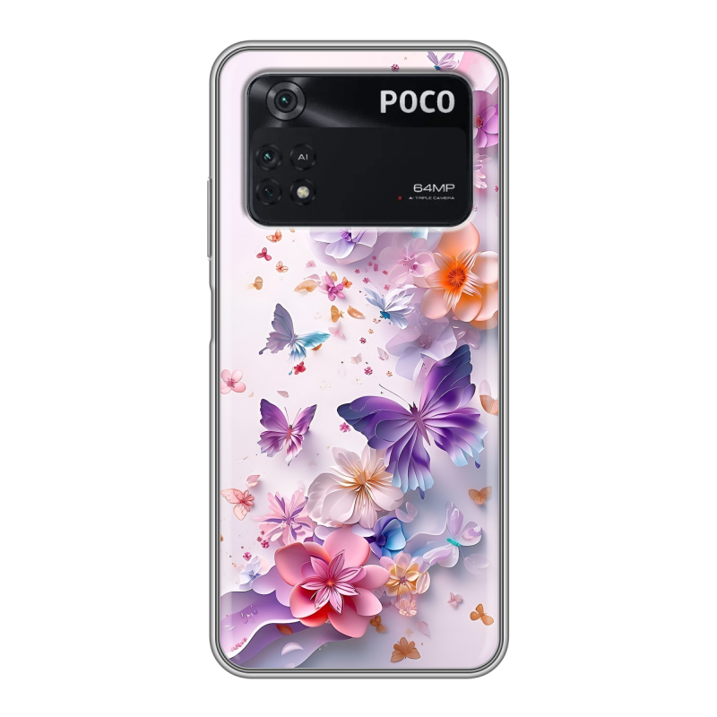 Силиконовый чехол на Xiaomi Poco M4 Pro 4G с принтом цветы бабочки Силиконовый чехол на Xiaomi Poco M4 Pro 4G с принтом цветы бабочки