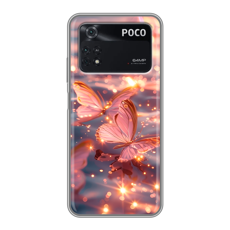 Силиконовый противоударный чехол на Xiaomi Poco M4 Pro 4G с принтом бабочки розовые Силиконовый противоударный чехол на Xiaomi Poco M4 Pro 4G с принтом бабочки розовые