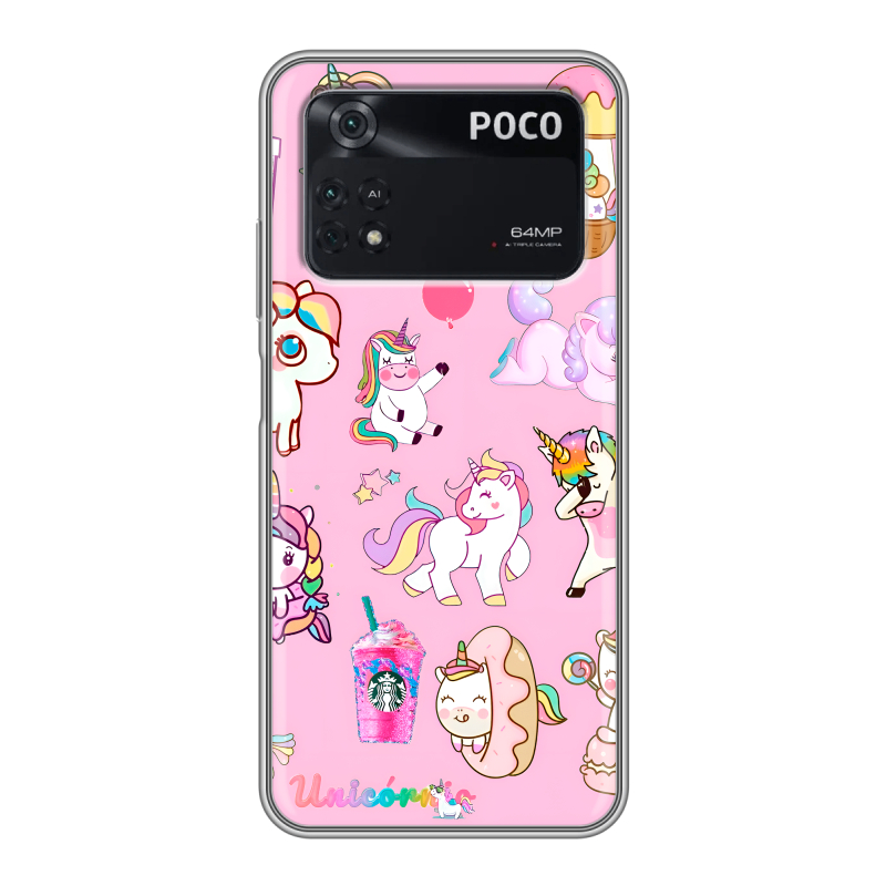 Силиконовый чехол на Xiaomi Poco M4 Pro 4G с принтом розовые единороги Силиконовый чехол на Xiaomi Poco M4 Pro 4G с принтом розовые единороги