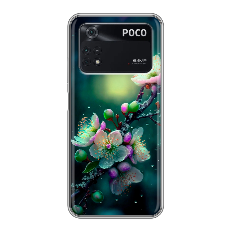 Силиконовый противоударный чехол на Xiaomi Poco M4 Pro 4G с принтом Цветы и мрамор Силиконовый противоударный чехол на Xiaomi Poco M4 Pro 4G с принтом Цветы и мрамор
