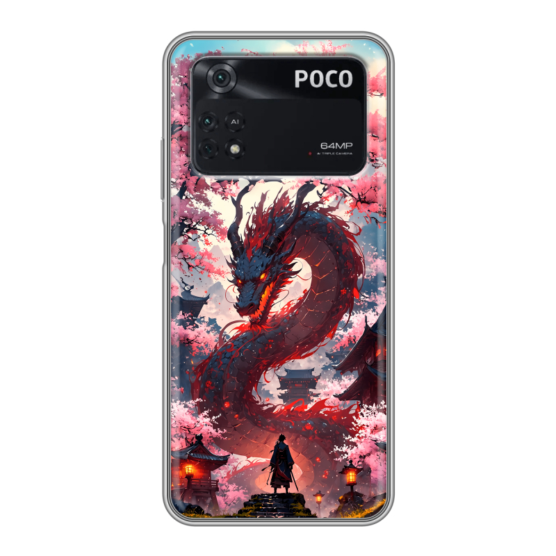 Силиконовый чехол на Xiaomi Poco M4 Pro 4G с принтом Дракон Японский Силиконовый чехол на Xiaomi Poco M4 Pro 4G с принтом Дракон Японский