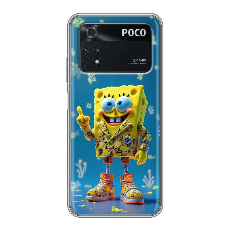 Силиконовый противоударный чехол на Xiaomi Poco M4 Pro 4G с принтом Спанч боб Спанчбоб Силиконовый противоударный чехол на Xiaomi Poco M4 Pro 4G с принтом Спанч боб Спанчбоб