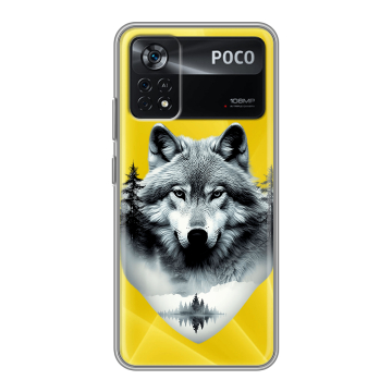 Силиконовый чехол на Xiaomi Poco X4 Pro 5G с принтом Волк в лесу Силиконовый чехол на Xiaomi Poco X4 Pro 5G с принтом Волк в лесу