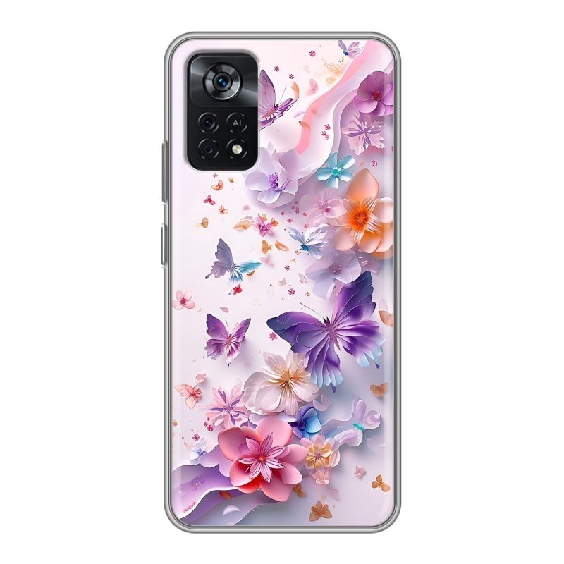 Силиконовый чехол на Xiaomi Poco X4 Pro 5G с принтом цветы бабочки Силиконовый чехол на Xiaomi Poco X4 Pro 5G с принтом цветы бабочки