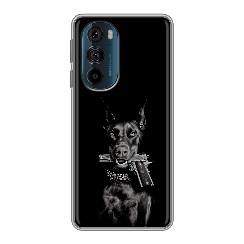 Силиконовый чехол на Motorola Edge 30 Pro с принтом Доберман и пистолет Силиконовый чехол на Motorola Edge 30 Pro с принтом Доберман и пистолет
