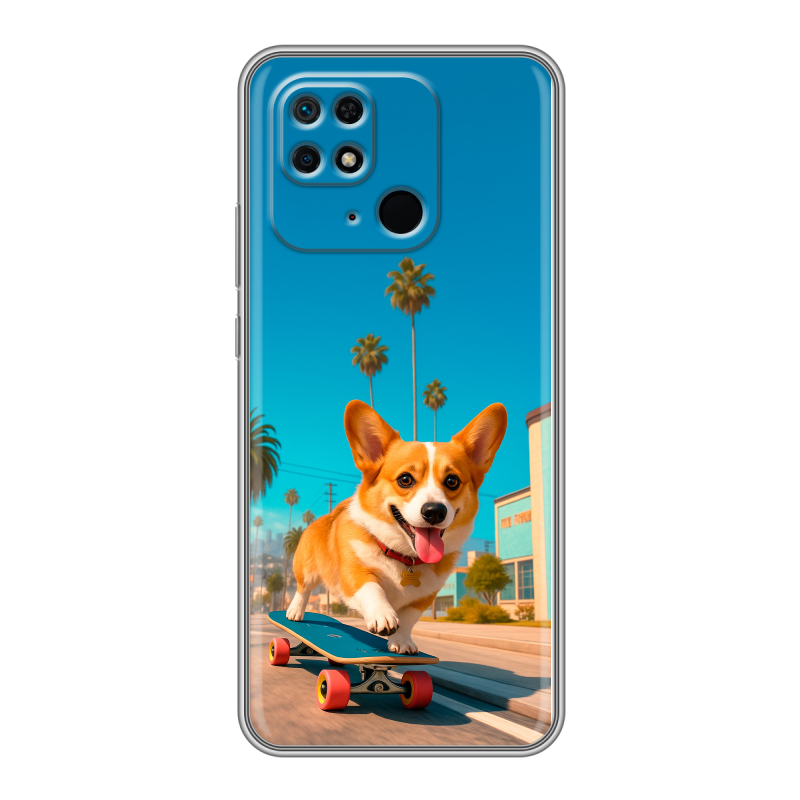 Силиконовый противоударный чехол на Xiaomi Redmi 10C с принтом Корги на скейте Силиконовый противоударный чехол на Xiaomi Redmi 10C с принтом Корги на скейте