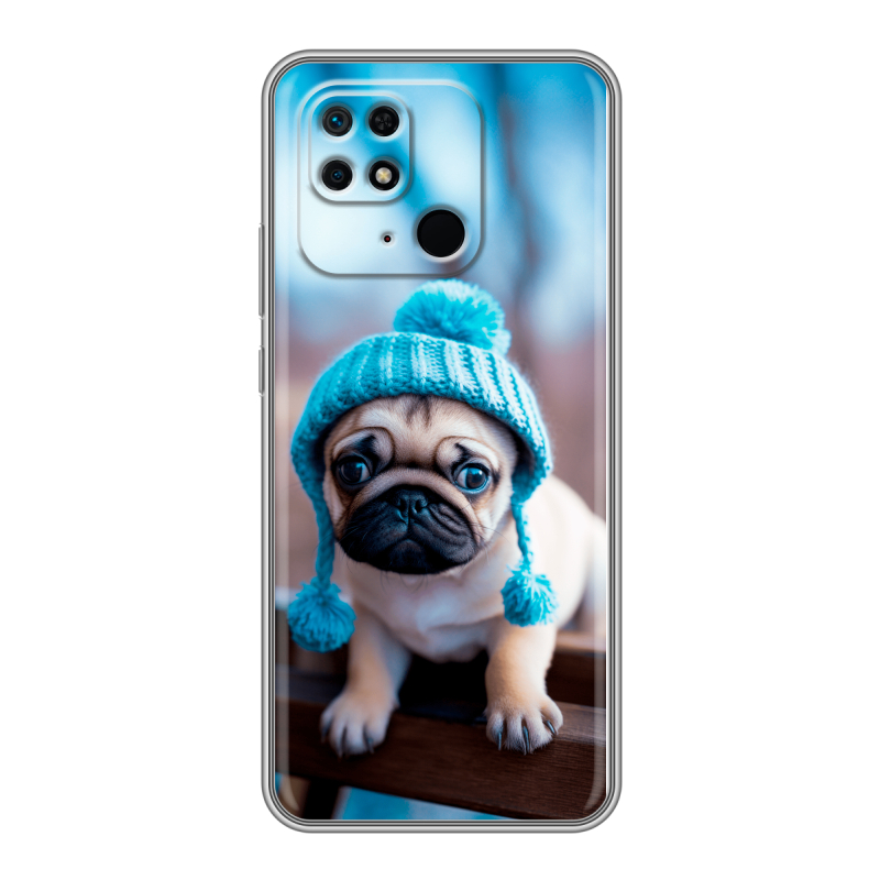 Силиконовый противоударный чехол на Xiaomi Redmi 10C с принтом Мопс в шапке Силиконовый противоударный чехол на Xiaomi Redmi 10C с принтом Мопс в шапке