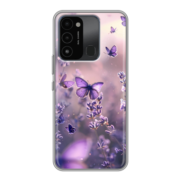 Силиконовый противоударный чехол на Tecno Spark 8C с принтом бабочки и лаванда Силиконовый противоударный чехол на Tecno Spark 8C с принтом бабочки и лаванда