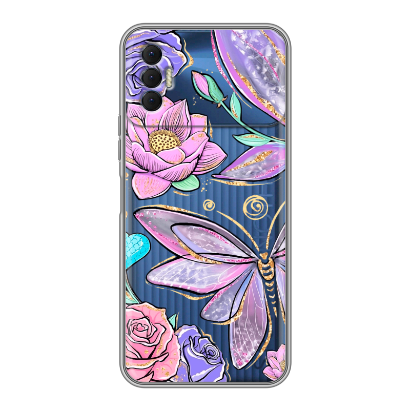 Силиконовый чехол на Tecno Spark 8P с принтом Бабочки и цветы Силиконовый чехол на Tecno Spark 8P с принтом Бабочки и цветы