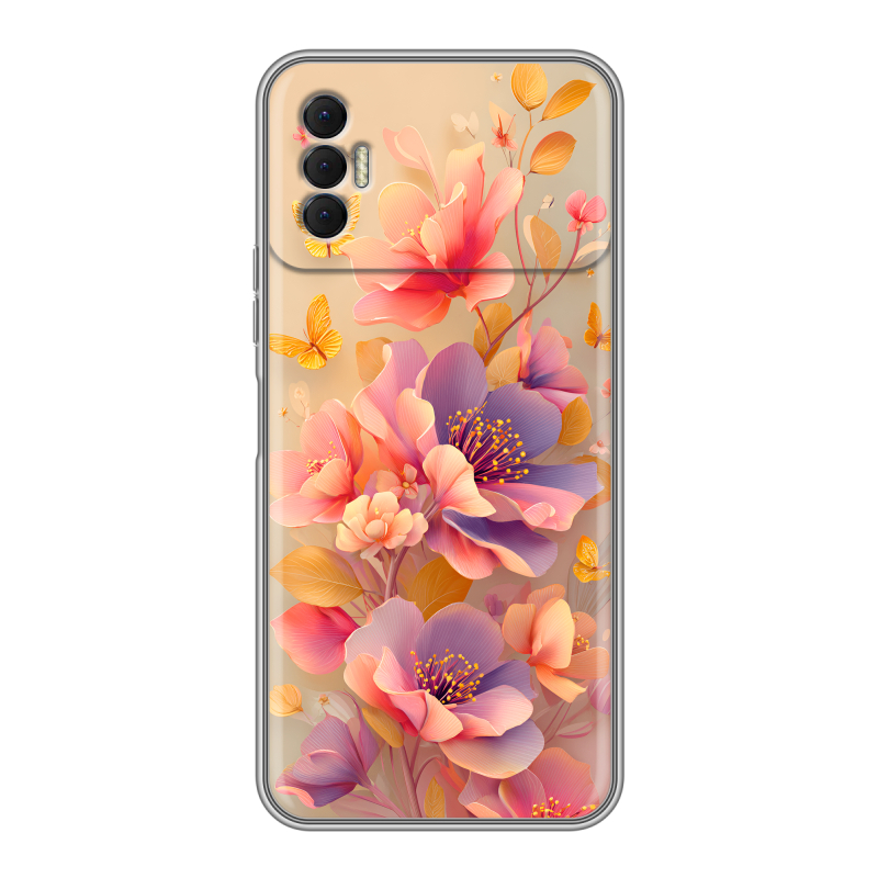 Силиконовый противоударный чехол на Tecno Spark 8P с принтом Цветы и бабочки Силиконовый противоударный чехол на Tecno Spark 8P с принтом Цветы и бабочки