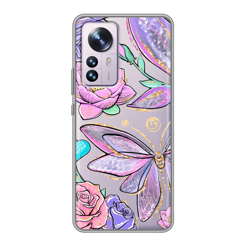 Силиконовый чехол на Xiaomi 12 Pro с принтом Бабочки и цветы Силиконовый чехол на Xiaomi 12 Pro с принтом Бабочки и цветы
