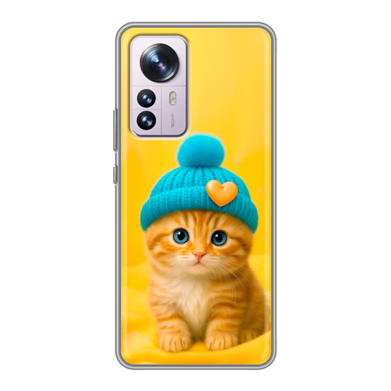 Силиконовый противоударный чехол на Xiaomi 12 Pro с принтом Котенок в шапке Силиконовый противоударный чехол на Xiaomi 12 Pro с принтом Котенок в шапке