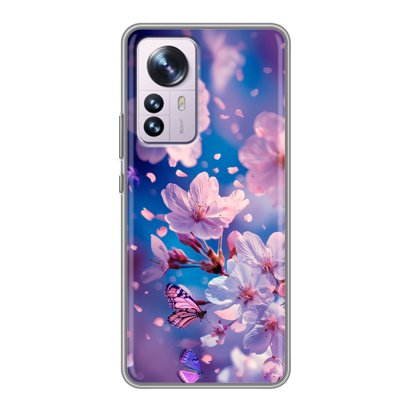 Силиконовый противоударный чехол на Xiaomi 12 Pro с принтом цветы бабочки Силиконовый противоударный чехол на Xiaomi 12 Pro с принтом цветы бабочки