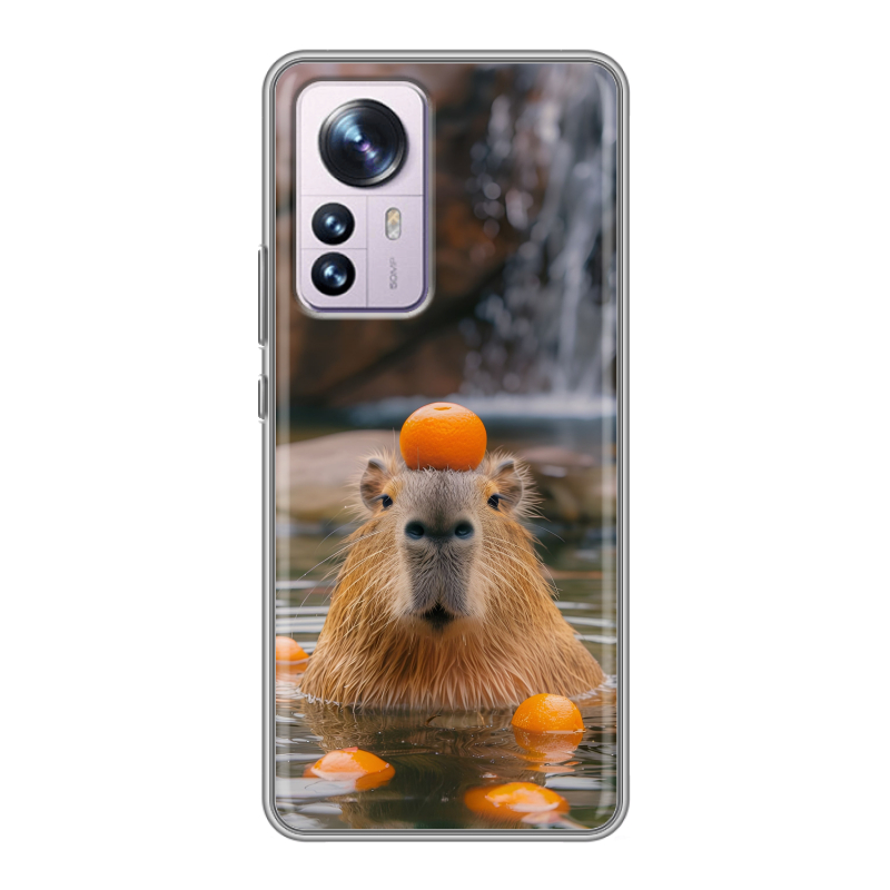 Силиконовый противоударный чехол на Xiaomi 12 Pro с принтом Капибара с апельсином Силиконовый противоударный чехол на Xiaomi 12 Pro с принтом Капибара с апельсином