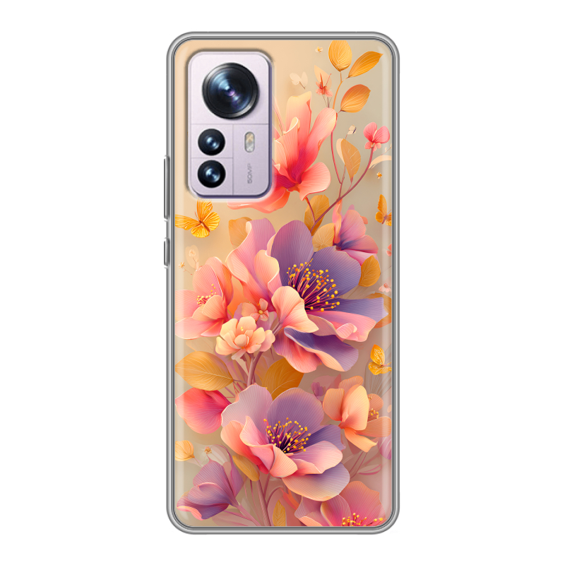 Силиконовый противоударный чехол на Xiaomi 12 Pro с принтом Цветы и бабочки Силиконовый противоударный чехол на Xiaomi 12 Pro с принтом Цветы и бабочки