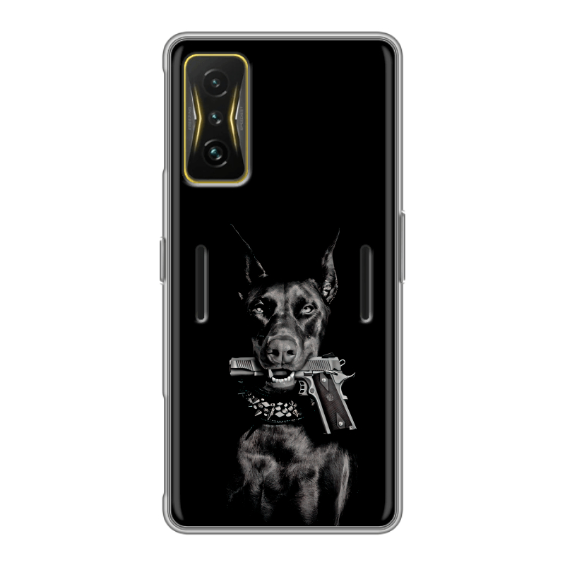 Силиконовый чехол на Xiaomi Poco F4 GT с принтом Доберман и пистолет Силиконовый чехол на Xiaomi Poco F4 GT с принтом Доберман и пистолет