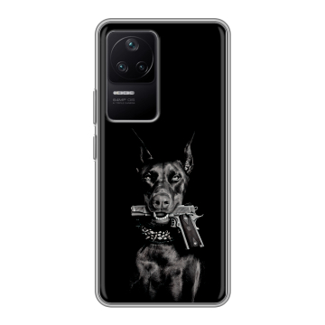 Силиконовый чехол на Xiaomi Poco F4 с принтом Доберман и пистолет Силиконовый чехол на Xiaomi Poco F4 с принтом Доберман и пистолет