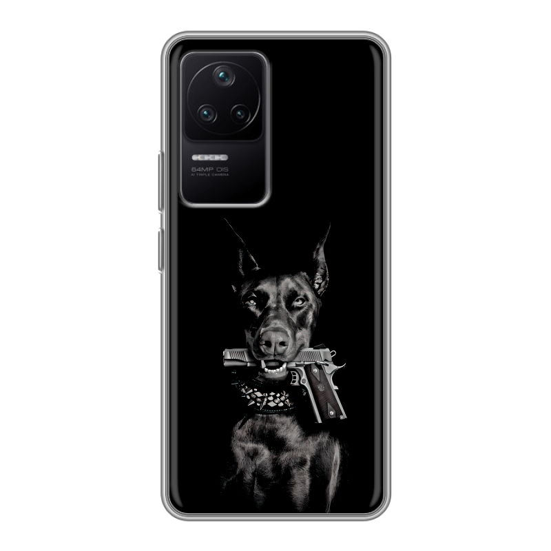 Силиконовый противоударный чехол на Xiaomi Poco F4 с принтом Доберман и пистолет Силиконовый противоударный чехол на Xiaomi Poco F4 с принтом Доберман и пистолет