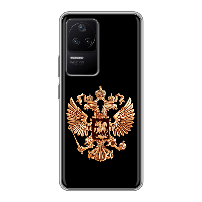 Силиконовый противоударный чехол на Xiaomi Poco F4 с принтом Герб России золотой Силиконовый противоударный чехол на Xiaomi Poco F4 с принтом Герб России золотой