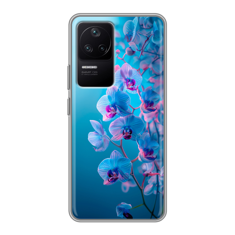 Силиконовый противоударный чехол на Xiaomi Poco F4 с принтом голубые орхидеи Силиконовый противоударный чехол на Xiaomi Poco F4 с принтом голубые орхидеи