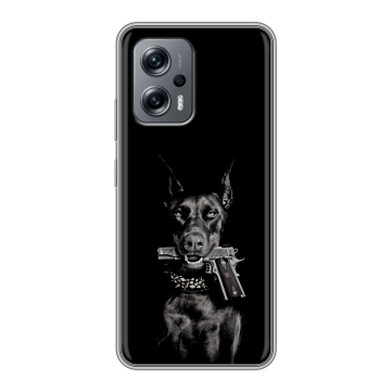 Силиконовый чехол на Xiaomi Poco X4 GT с принтом Доберман и пистолет Силиконовый чехол на Xiaomi Poco X4 GT с принтом Доберман и пистолет