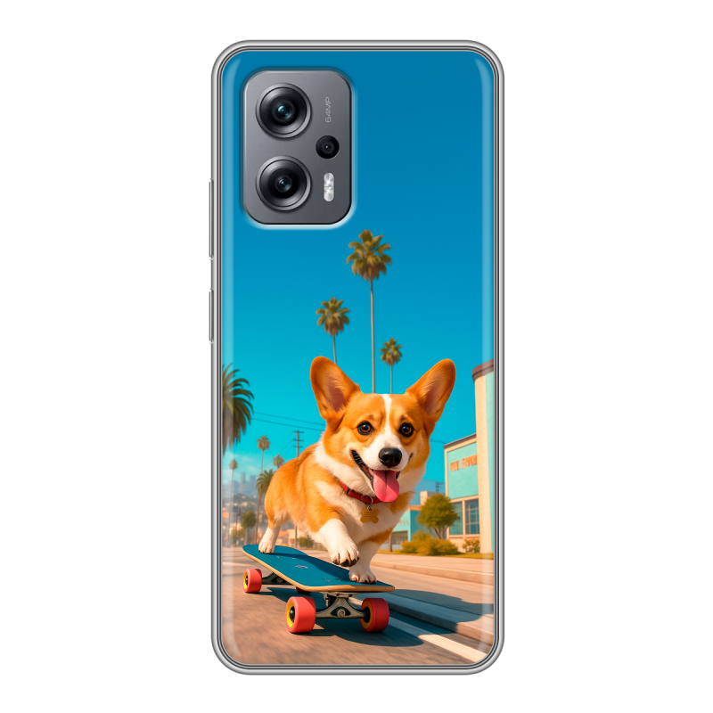 Силиконовый чехол на Xiaomi Poco X4 GT с принтом Корги на скейте Силиконовый чехол на Xiaomi Poco X4 GT с принтом Корги на скейте