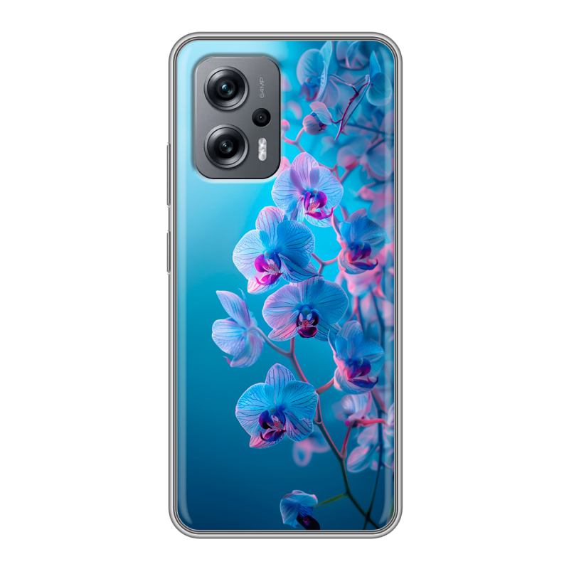 Силиконовый противоударный чехол на Xiaomi Poco X4 GT с принтом голубые орхидеи Силиконовый противоударный чехол на Xiaomi Poco X4 GT с принтом голубые орхидеи