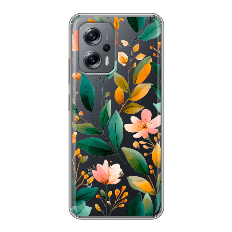 Силиконовый противоударный чехол на Xiaomi Poco X4 GT с принтом Цветы паттерн Силиконовый противоударный чехол на Xiaomi Poco X4 GT с принтом Цветы паттерн