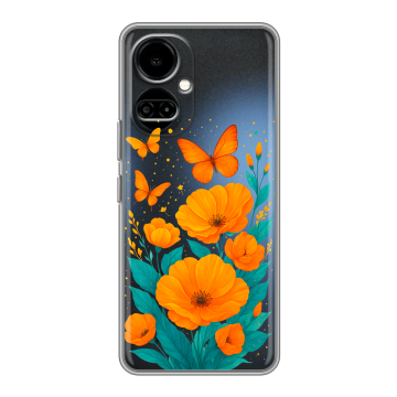 Силиконовый чехол на Tecno Camon 19 с принтом цветы бабочки