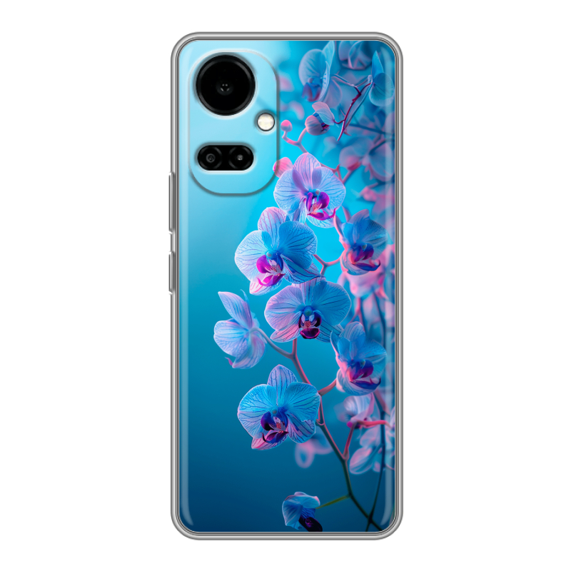 Силиконовый чехол на Tecno Camon 19 с принтом голубые орхидеи Силиконовый чехол на Tecno Camon 19 с принтом голубые орхидеи